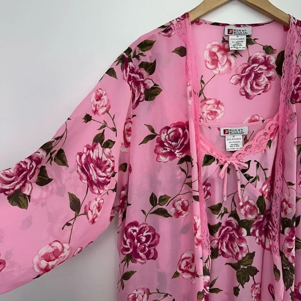 Woman Within Vintage Y2K 2 Piece Rose Printed Pink Lace Trim Slip Dress Robe Int